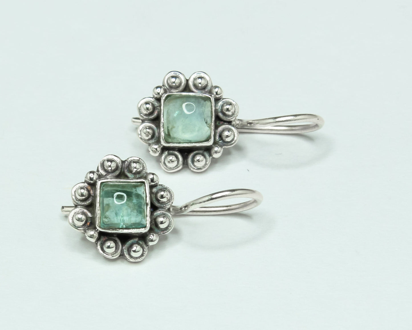 Square Green APATITE Gems Oxidized Silver Boho Round Latch-Back Earrings