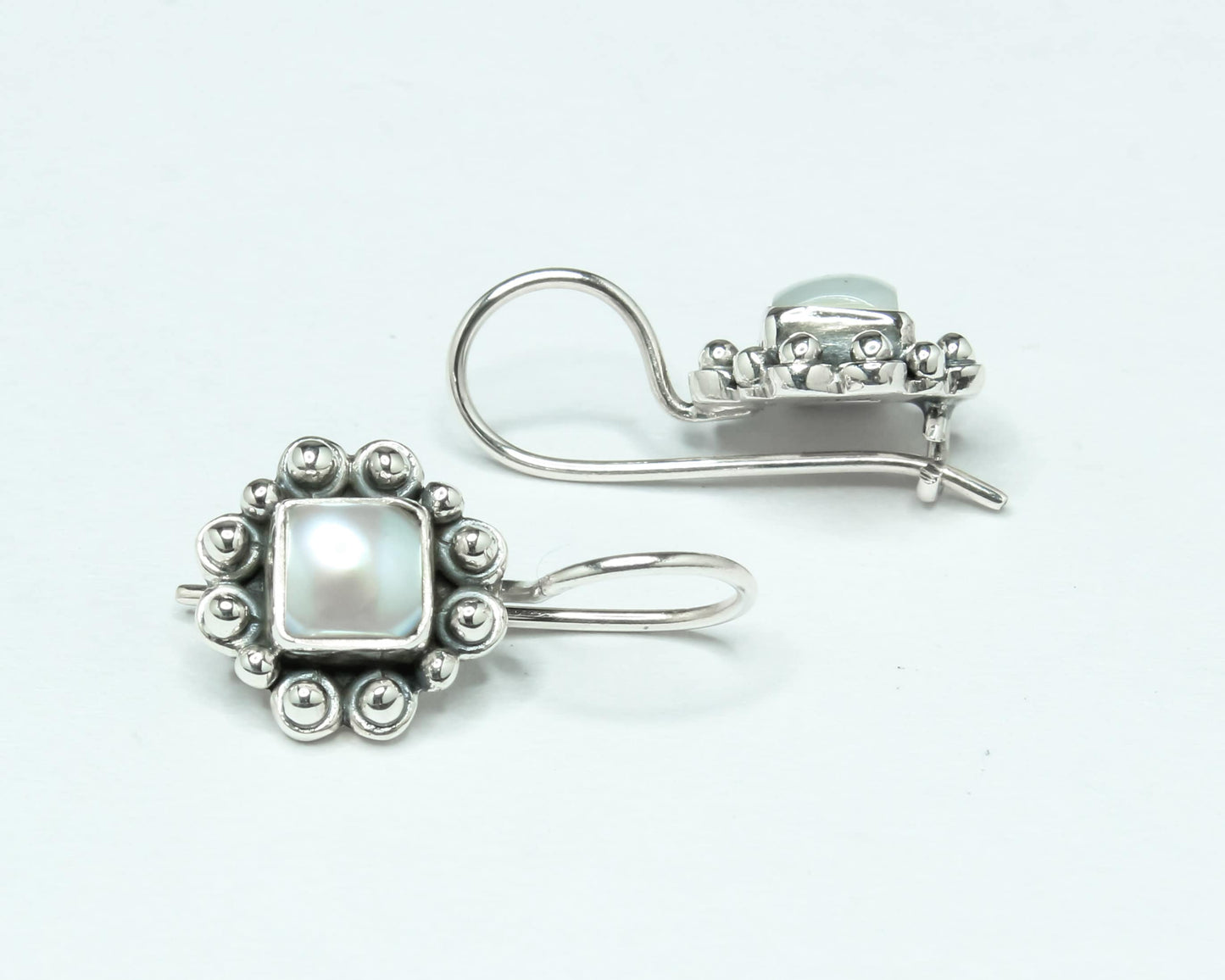 Square Genuine White Pearl Oxidized Silver Round Latch-Back Earrings