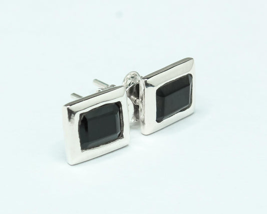 Rectangular Black ONYX Gemstones 925 Sterling SILVER Simple Stud Earrings
