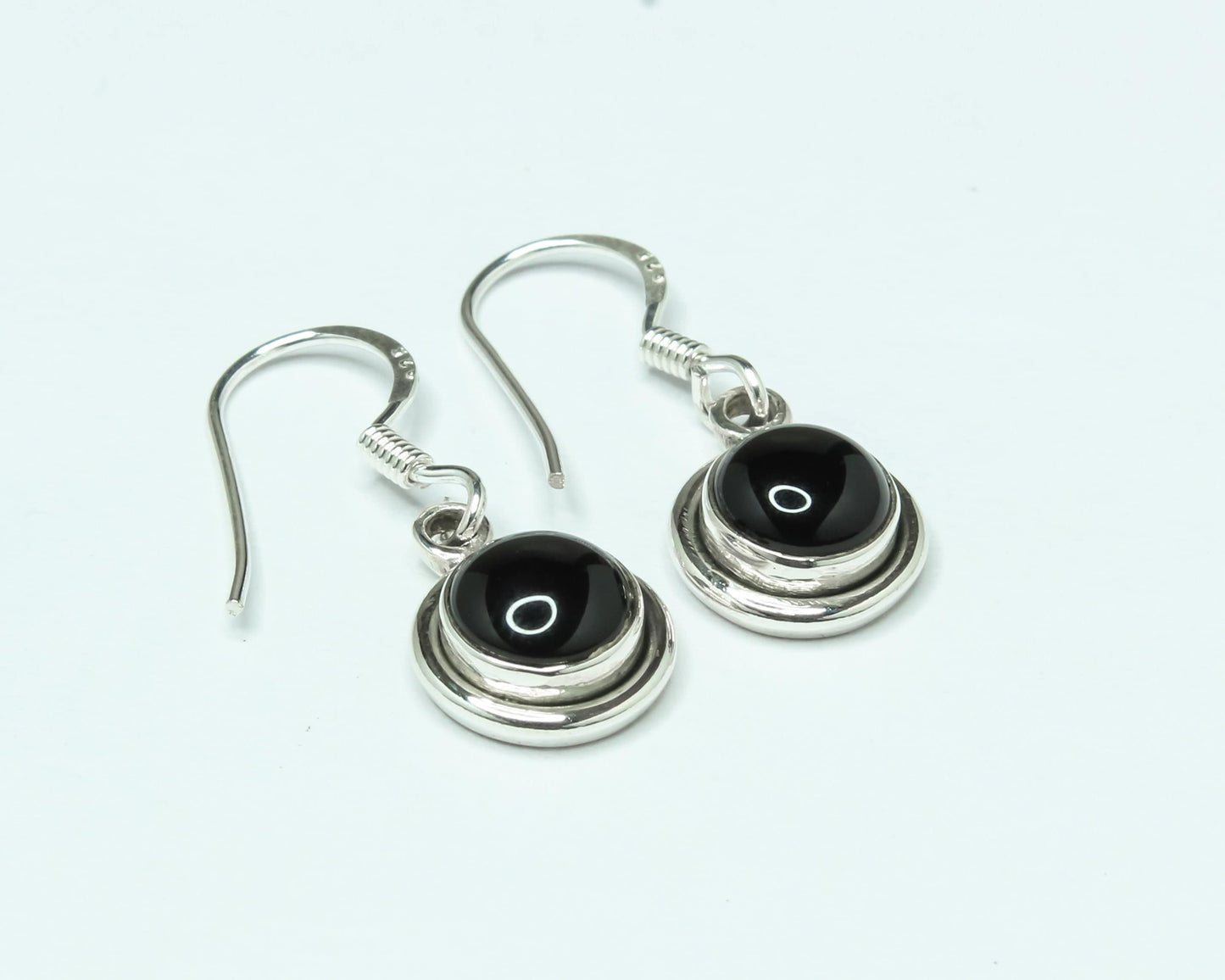 Round Black ONYX Gemstones Solid 925 Sterling Silver Simple Drop Earrings