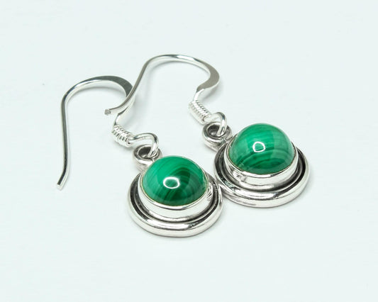 Round Green Malachite Textured Gemstone Solid 925 Silver Drop Earrings